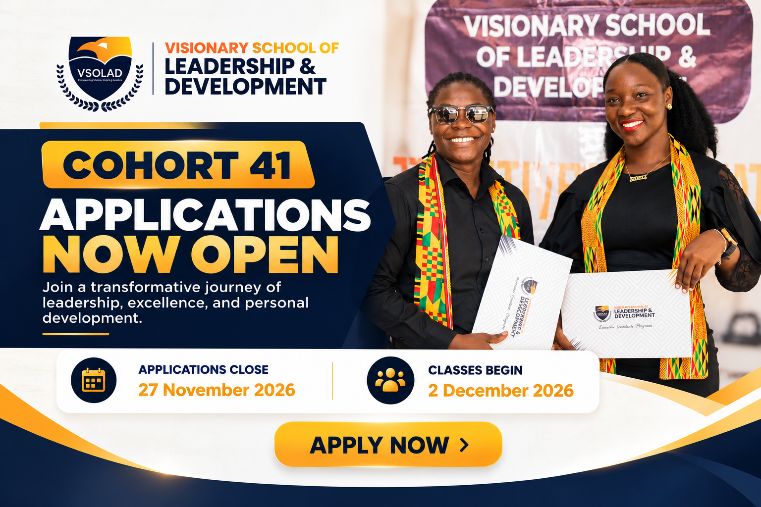 Cohort 41 applications now open. Applications close 27 November 2026. Classes begin 2 December 2026. Apply now.